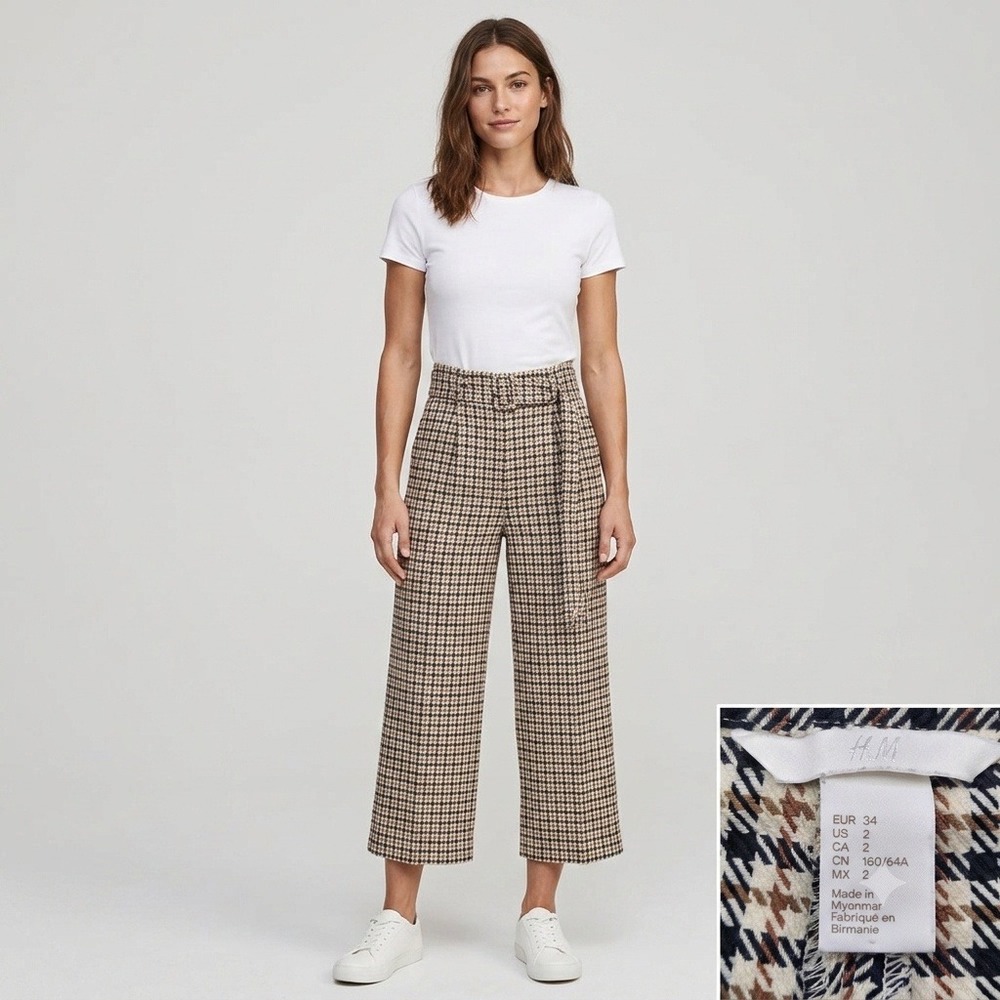 H&M Pants Women 2 Tan Houndstooth Tie-Belt Wide Leg Cropped High Rise